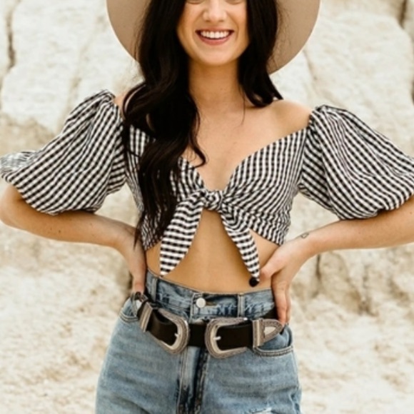 2/25 Kittenish Boho Puff Sleeve Crop Top Gingham Check Country Concert Beachy M - Picture 5 of 5